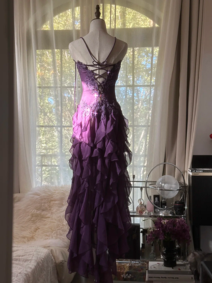 Purple Strapless A-Line Ruffles Long Prom Dress Vintage Evening Party Dress, D940