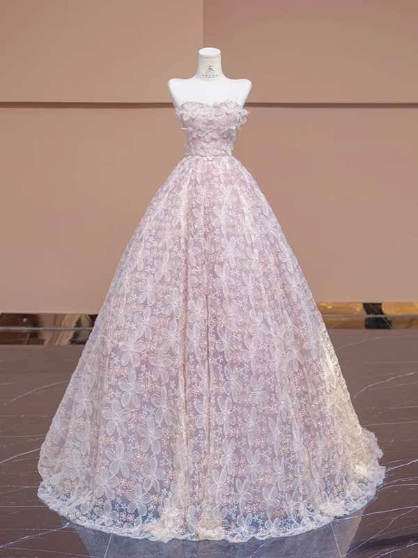 Light pink strapless, fitted waist, full skirt, long ball gown, bridal dress R8343