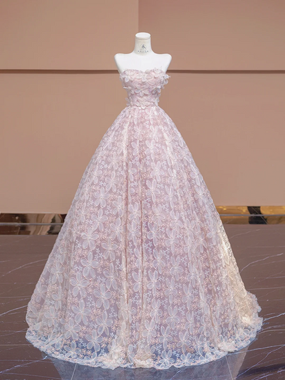 Light pink strapless, fitted waist, full skirt, long ball gown, bridal dress R8343
