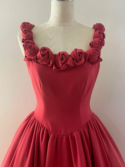 Red spaghetti-strap floor-length ball gown with a cinched waist and 3D rose details; bridal gown R7288
