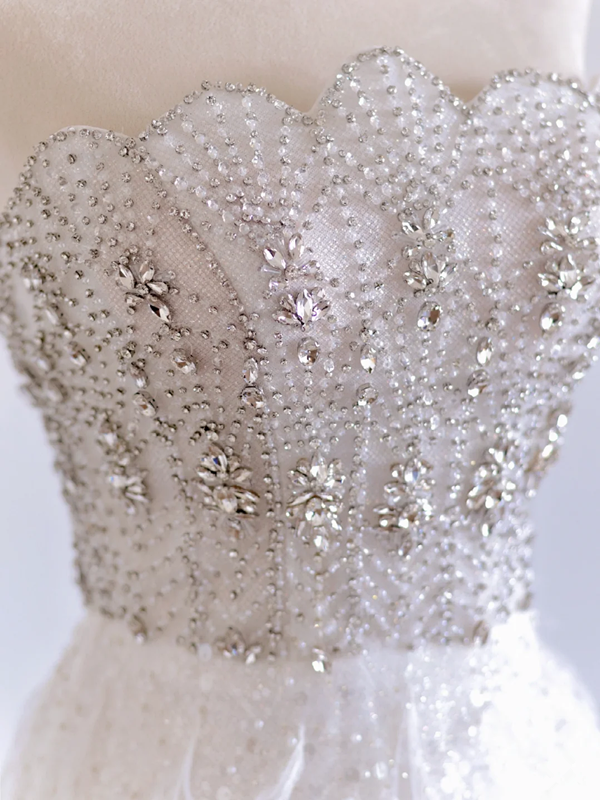 Silver strapless rhinestone-embellished fitted bodice with white A-line skirt, long ball gown/bridal dress R8286