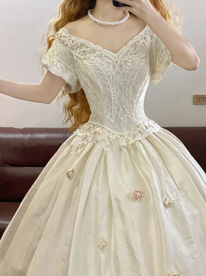 Ivory White V-Neck Waist-Cinched Puffy-Hem Ball Gown, Bridal Gown R7329