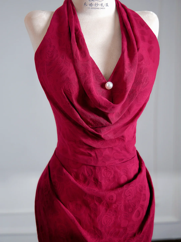 Rose pink halter neck fitted waist slimming sexy long ball gown R8149