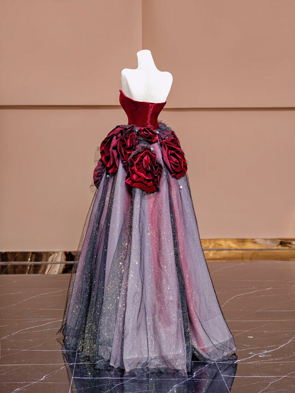 Red strapless, fitted, long ball gown with light pink and purple skirt; bridal gown R8377