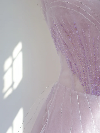Light purple strapless, fitted waist, full skirt, long ball gown R8461