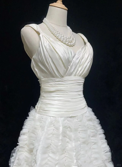 White suspenders sexy waist slim flower skirt mid-length skirt homecoming dress R4964