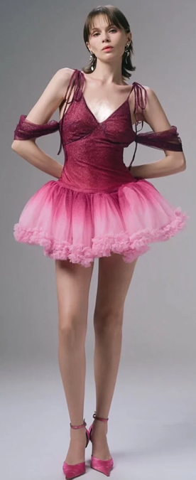 Pink suspender tie gradient waist slim fit puffy skirt homecoming dress R4516