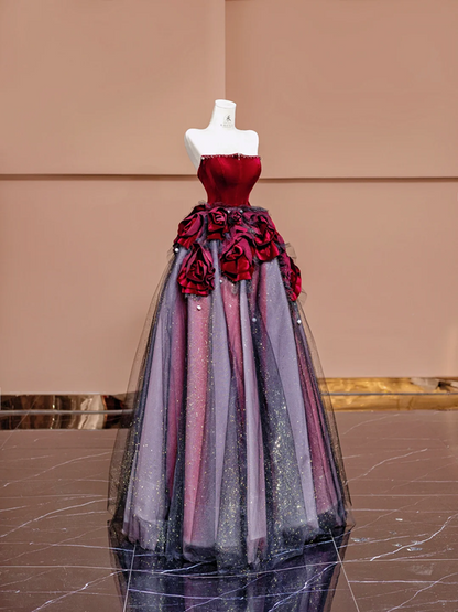 Red strapless, fitted, long ball gown with light pink and purple skirt; bridal gown R8377