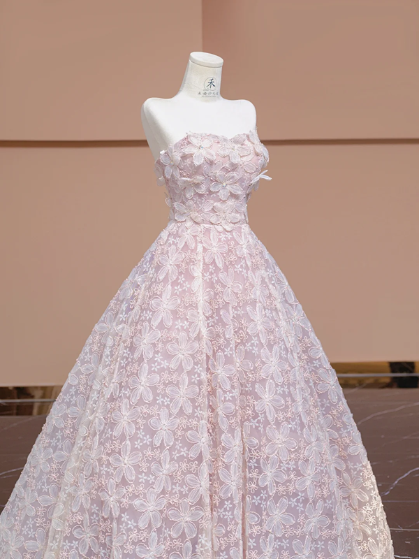 Light pink strapless, fitted waist, full skirt, long ball gown, bridal dress R8343