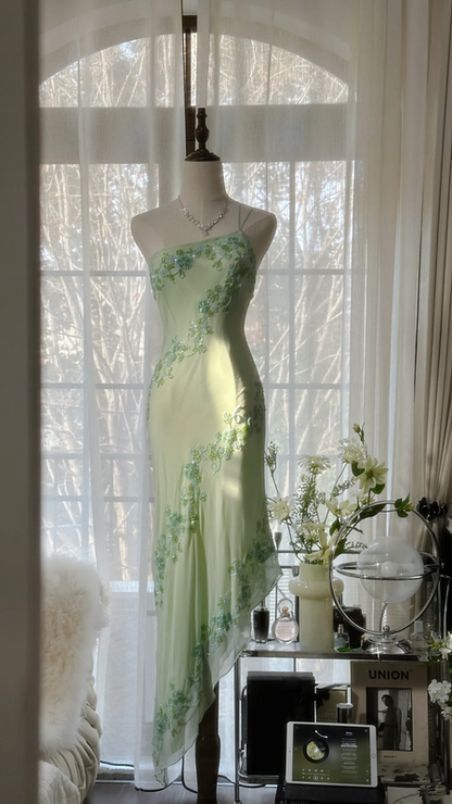 Light green one-shoulder halter-neck fitted waist slim-fit long ball gown with irregular hem R7691