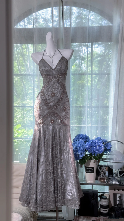 Grey halter-neck rhinestone-embellished fitted bodycon long ball gown R7611
