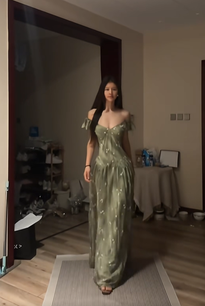 Gray-green off-shoulder fitted waist sexy long ball gown R8085