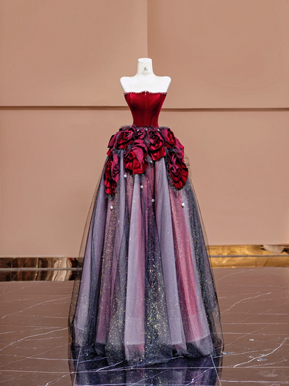 Red strapless, fitted, long ball gown with light pink and purple skirt; bridal gown R8377
