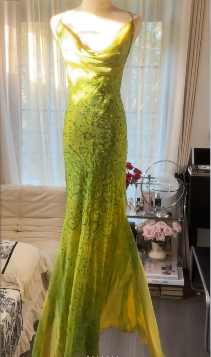 Chic Ombre Green Chiffon Beaded Mermaid Long Party Dress Formal Birthday Prom Dress D2299