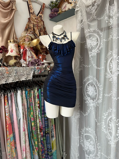 Dark blue suspender satin waist slim hip short skirt ball gown R6177