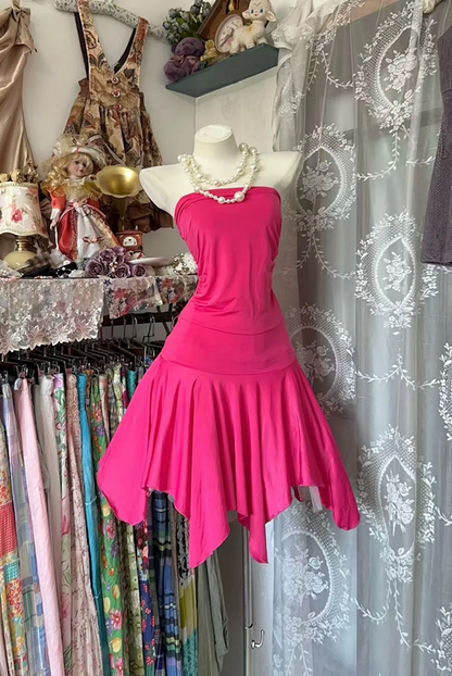 Rose pink strapless fitted waist slim-fit short ball gown with irregular hem R7803