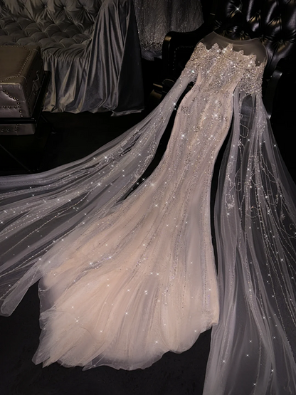 Light apricot rhinestone round neck fitted waist long ball gown/bridal dress R8742