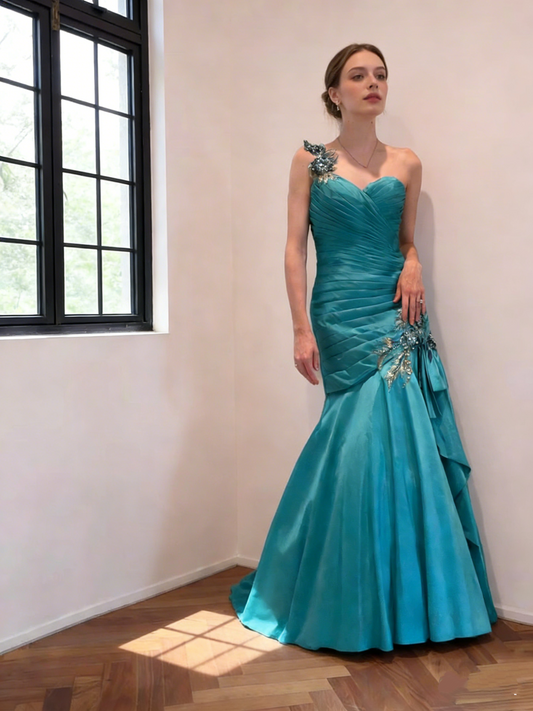 Beautiful Teal Blue One Shoulder Satin Pleated Mermaid Evening Gown Long Birthday Party Dresses SP1687
