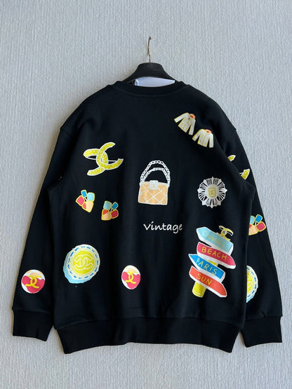 Chanel 25 Graffiti Crew Neck Sweatshirt Black Cotton 312091