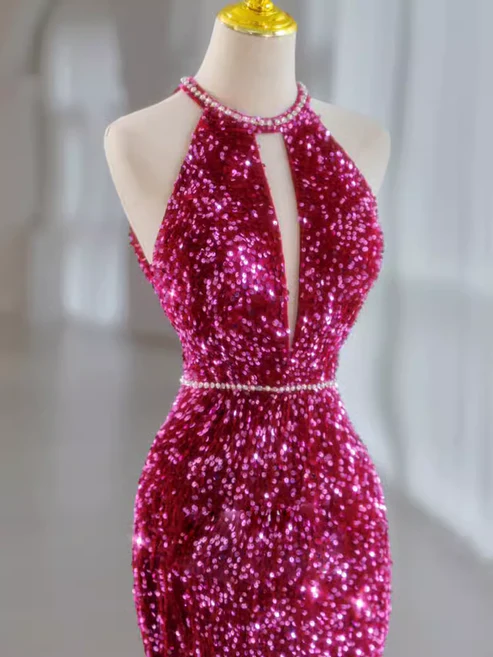 Elegant Fuchsia Halter Sequins Mermaid Long Evening Party Dress MD7494