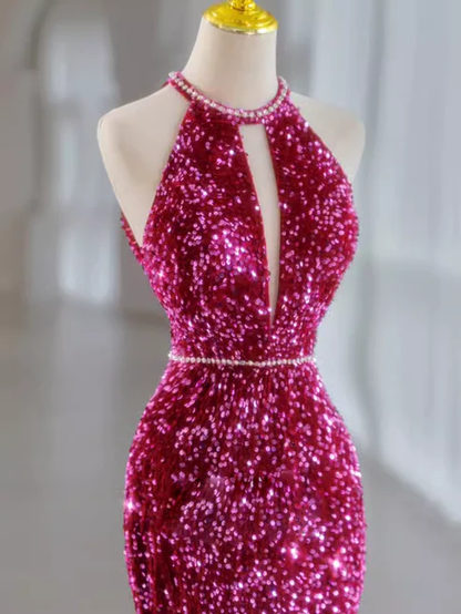 Elegant Fuchsia Halter Sequins Mermaid Long Evening Party Dress MD7494