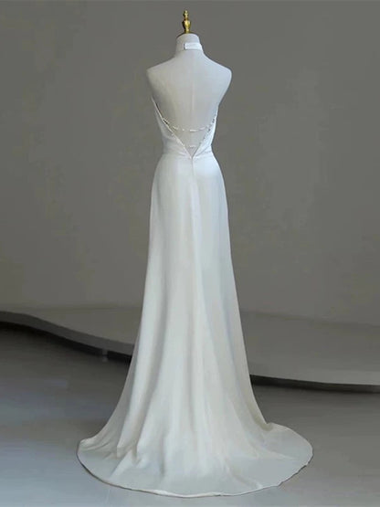 White Satin Halter A-line Long Beaded Low Back Party Dress, White Wedding Party Dress
