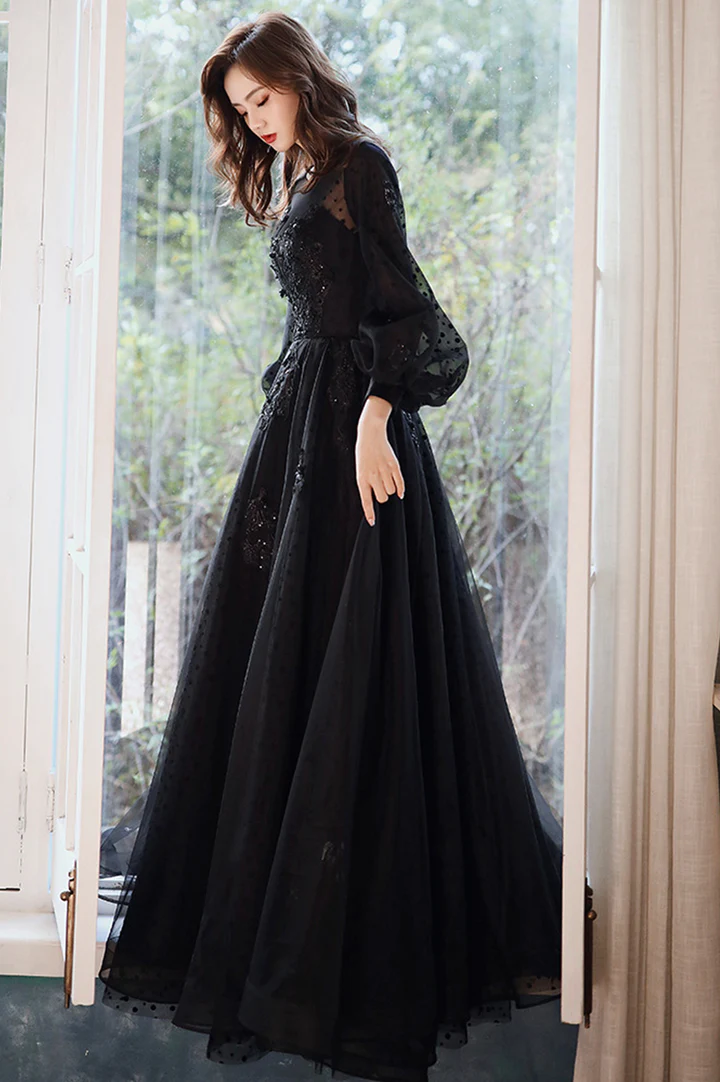 Puffy  Long Sleeves Tulle With Lace Long Evening Dress, A-Line Back Long Prom Dress