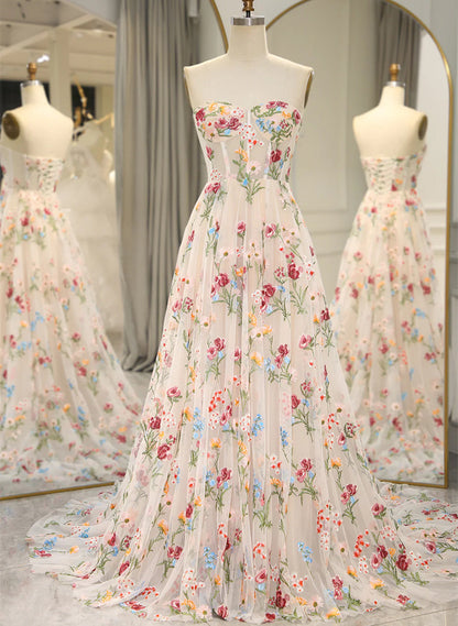 Ivory Floral Tulle Sweetheart Strapless Long Formal Dress, Tulle A-line Prom Dress