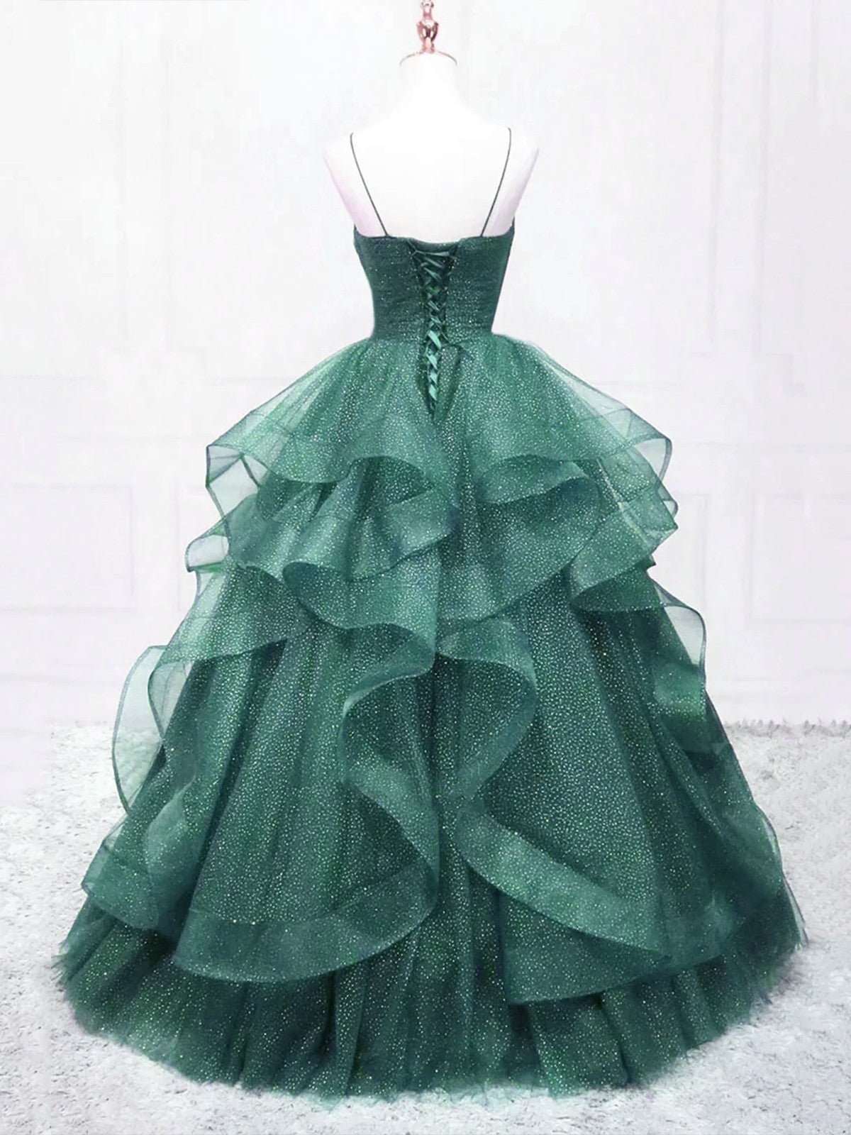 Dark Green Tulle Layers Straps V-neckline Prom Dress, Dark Green Tulle Evening Dress