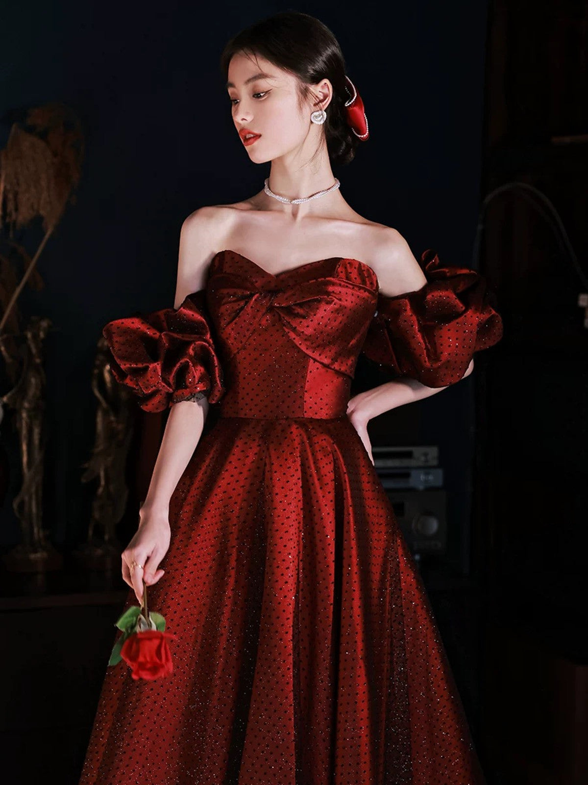 Red and Black A-line Sweetheart Off Shoulder Party Dress, Long Prom Dress Formal Dress