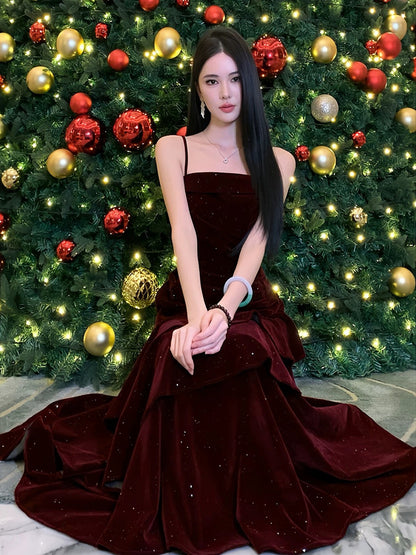 Wine Red Velvet Straps Prom Dress Party Dress, Wine Red Long Evening Dress Formal Dress