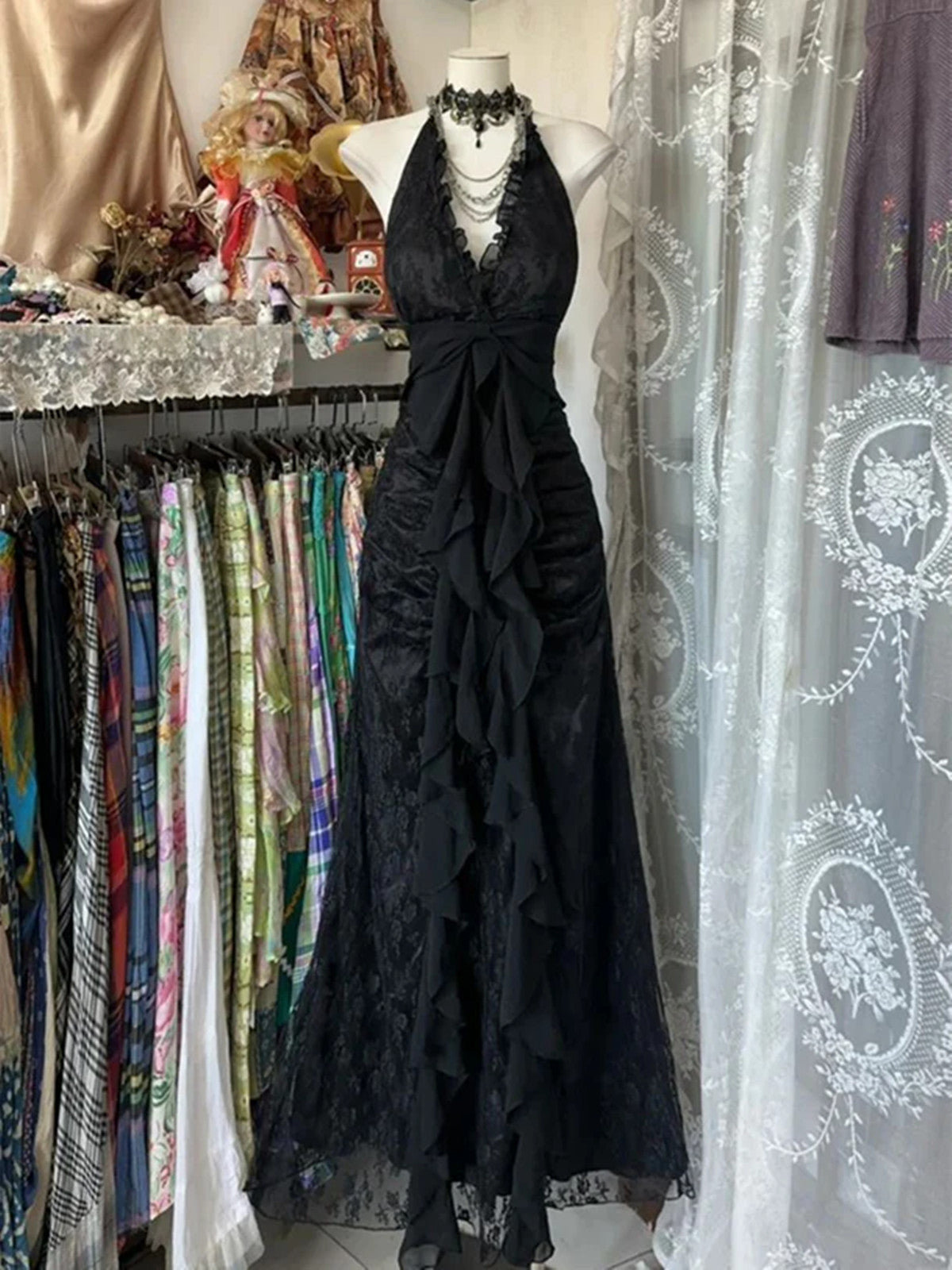 Classical Lace Halter Vintage Style Prom Dress, Lace Floor Length Formal Gown