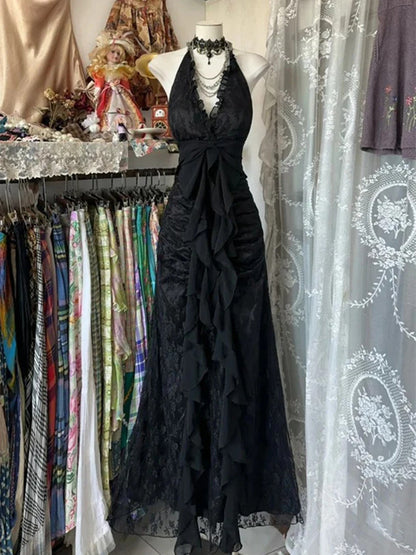 Classical Lace Halter Vintage Style Prom Dress, Lace Floor Length Formal Gown