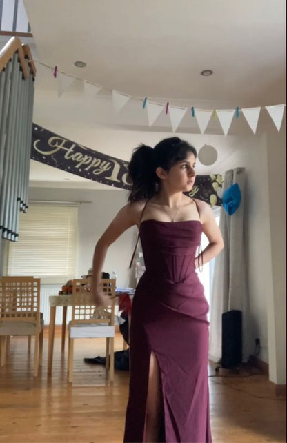 Maroon prom dress with corset lace up back and high slit gown