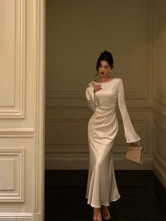 long-sleeved satin dress for women new style long skirt     S5489