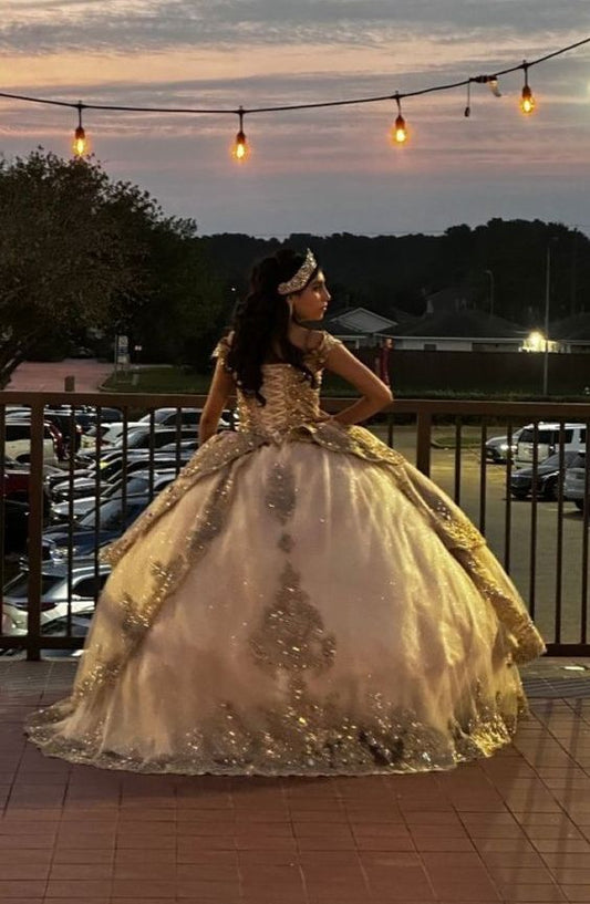 Sparkly Champagne Ball Gown Quinceanera Dress Sweetheart Birthday Party Off The Shoulder Sweet 16 Dress