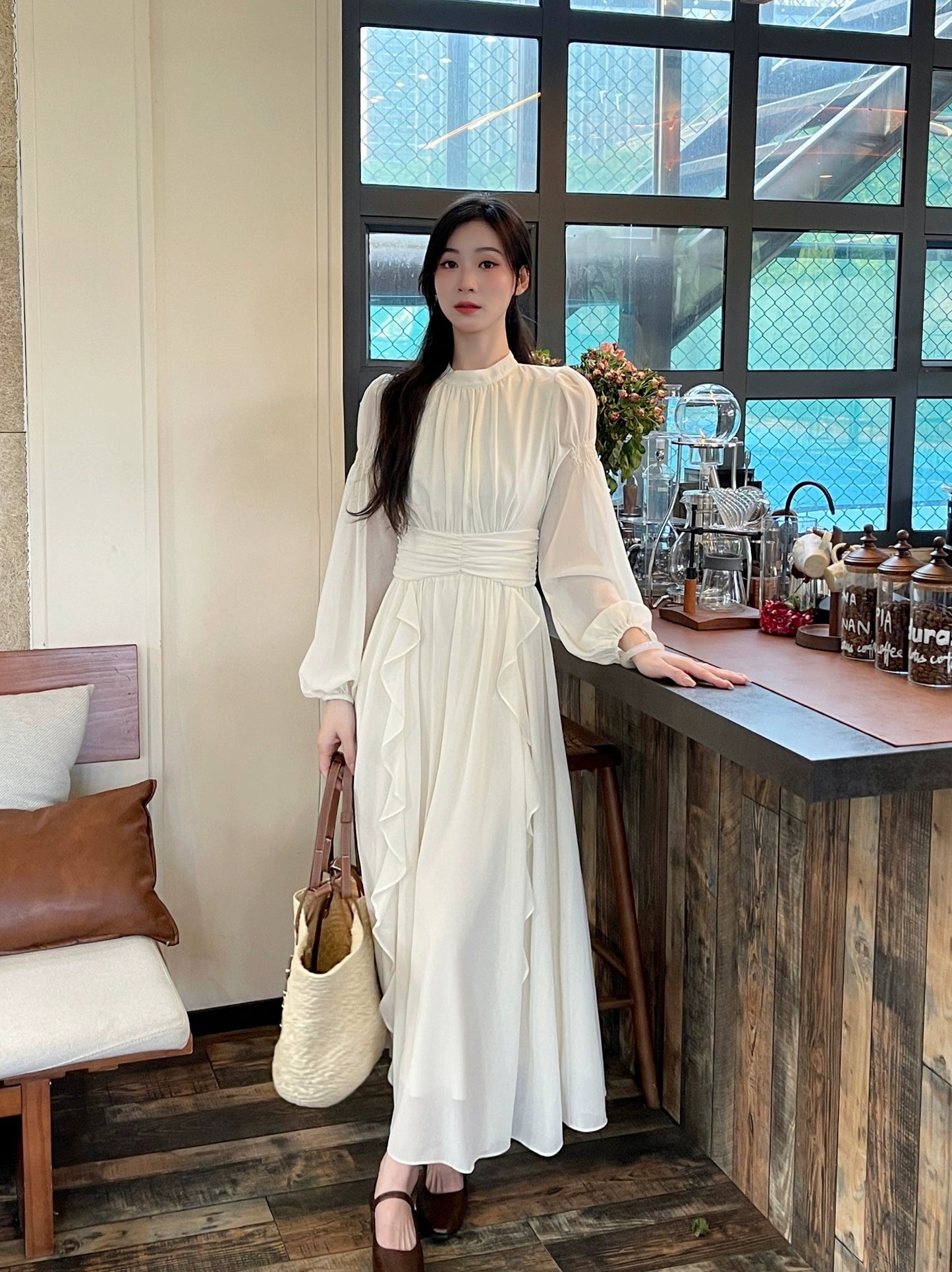 women's long sleeves pleated waist engagement dress celebrity birthday long dress     S5469