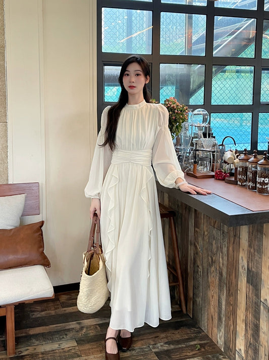 women's long sleeves pleated waist engagement dress celebrity birthday long dress     S5469