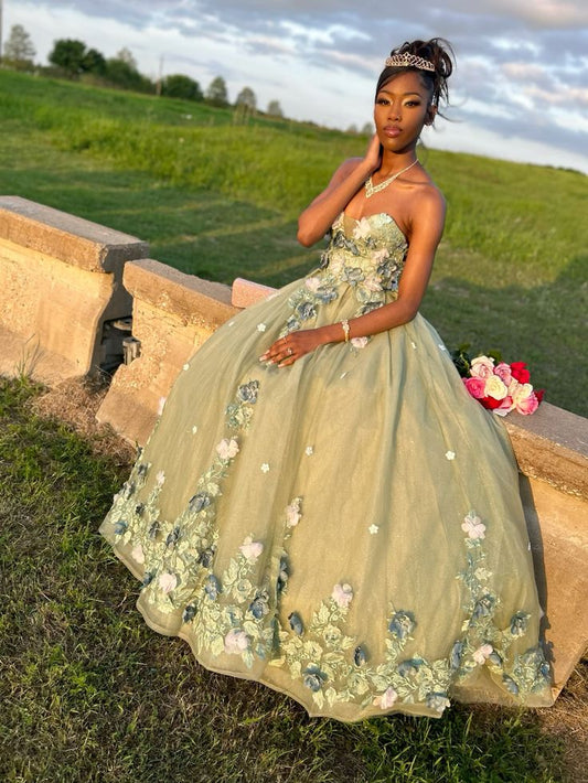 Strapless Green Quinceanera Dresses 3D Flower Applique Sweet 16 Dress Ball Gown