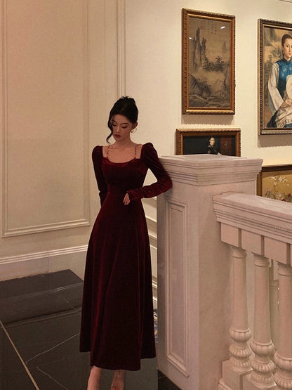 red velvet dress for women new retro long skirt     S5484