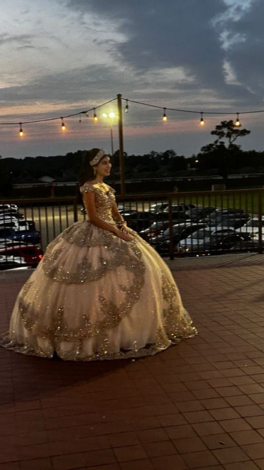 Sparkly Champagne Ball Gown Quinceanera Dress Sweetheart Birthday Party Off The Shoulder Sweet 16 Dress
