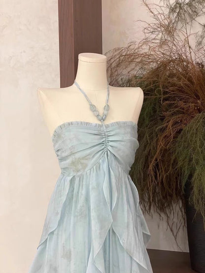 Cute A line Halter Ruffled Floral Blue Women's Long Vacation Dresses       S5423