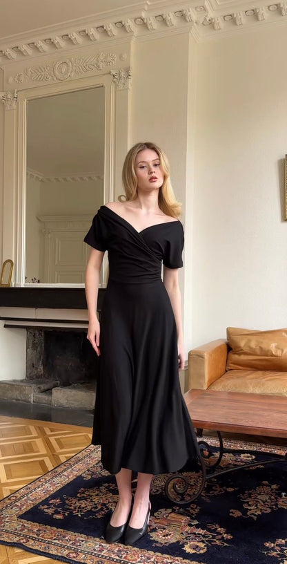 Black Off The Shoulder Prom Dresses Ankle Length Evening Gown