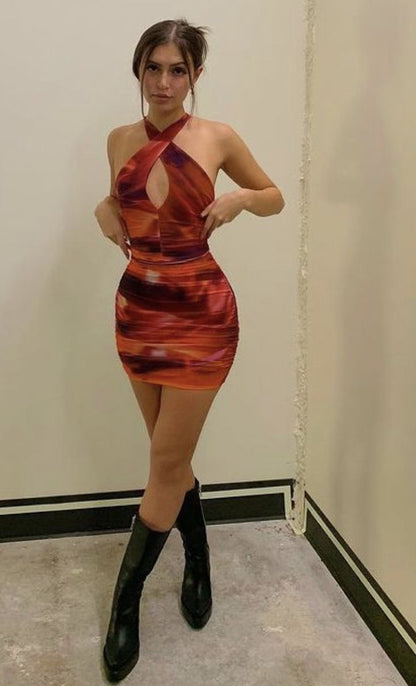Red tie-dye cross-neck design waist pleated slim fit hip skirt homecoming dress R3174