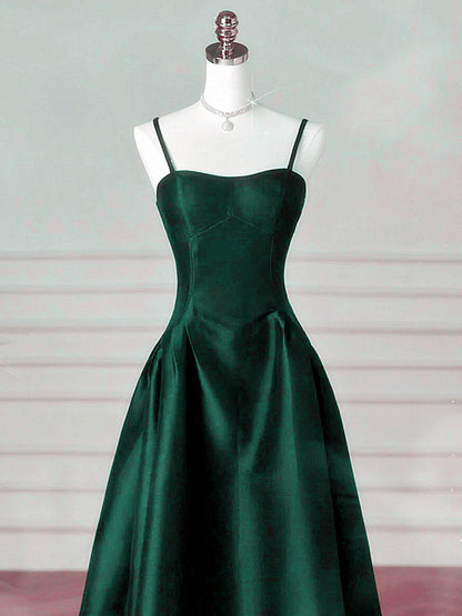 Green Satin Simple A-line Floor Length Party Dress, Green Satin Straps Prom Dress