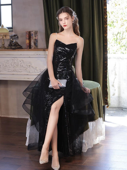 Black Sequins A-line Beaded Long Party Dress with Leg Slit, Black Sequins Prom Dress