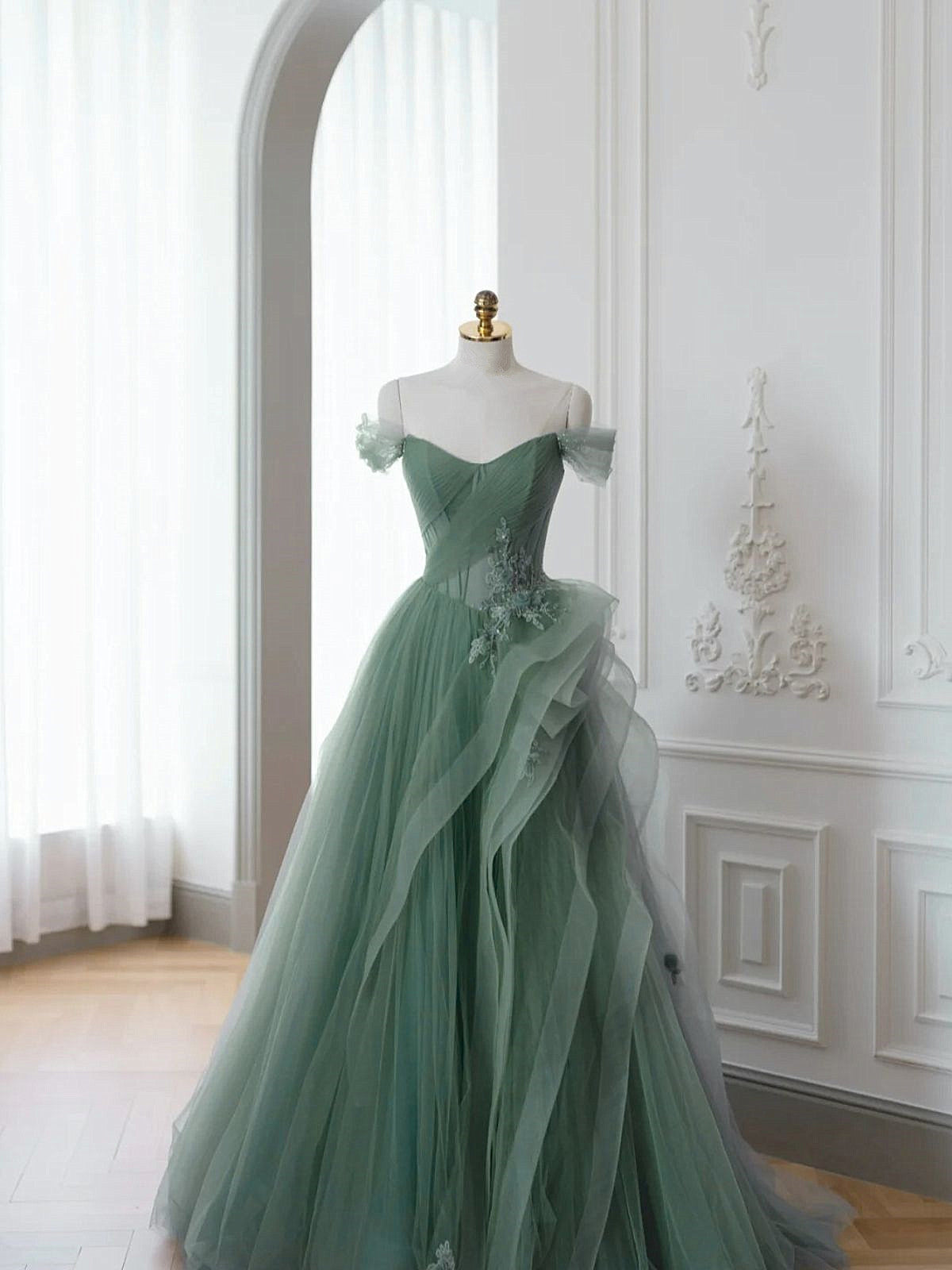 A-line Tulle Sweetheart Off Shoulder Party Dress, Beaded Long Tulle Prom Dress