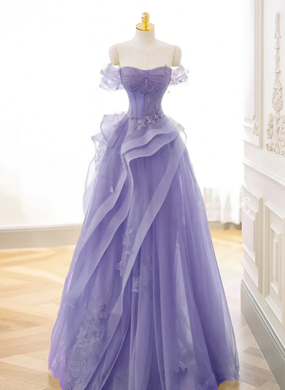 Purple A-line Tulle Off Shoulder  Long Prom Dress, Purple Lace Evening Dress