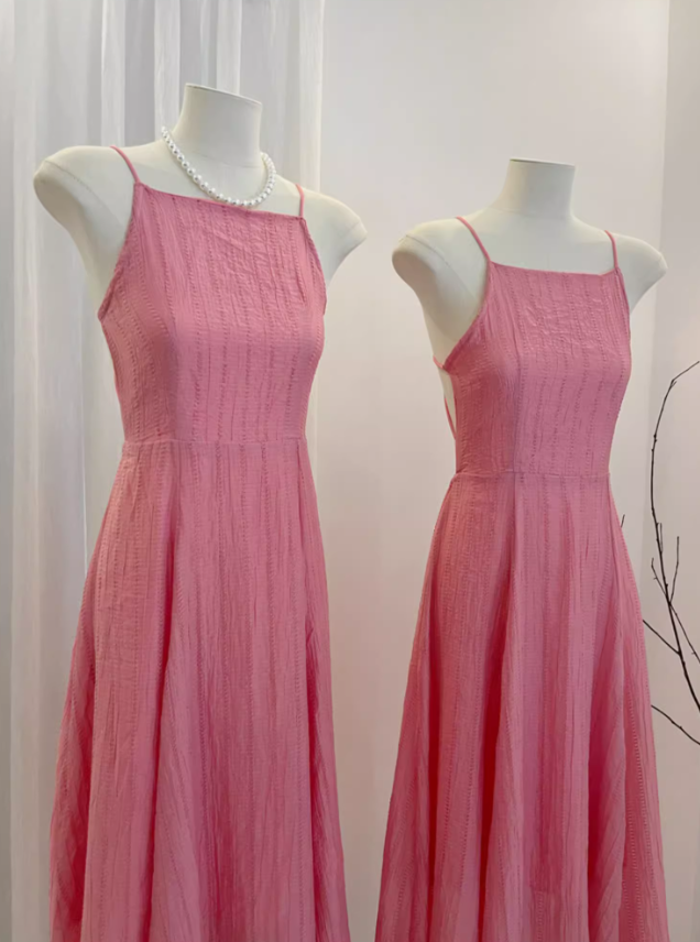 2025 new summer light peach pink sleeveless large swing backless holiday fairy back lace-up dress R0302