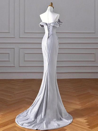 Charming Sliver Mermaid Party Dress, Sliver Off Shoulder Long Prom Dress with Leg Slit